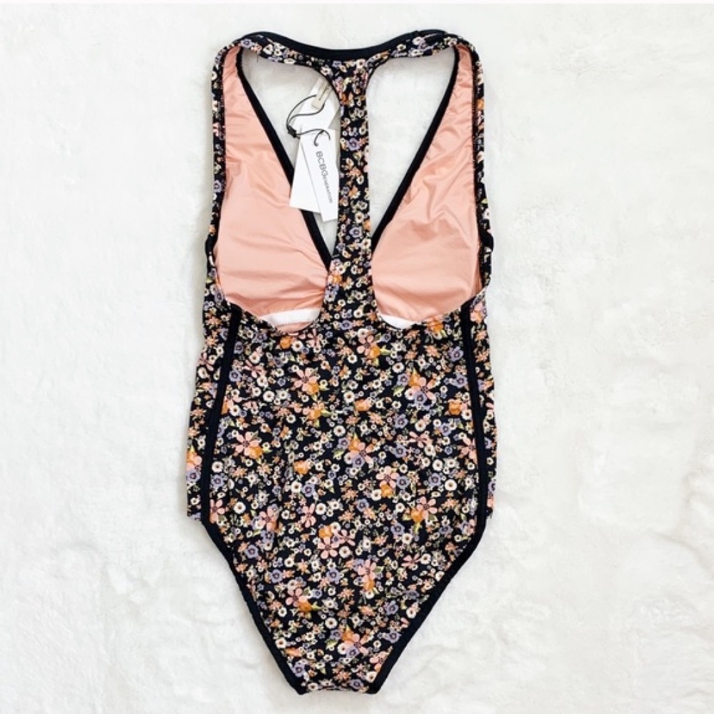 NWT BCBG Black Floral Printed Deep V Bathing Suit - Picture 10 of 12